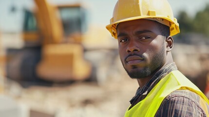 A young Black male construction worker wearing a hard hat and safety vest, posing confidently at a construction site with machinery in the background.