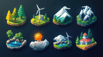 Wind turbines and solar energy, models, icon sets