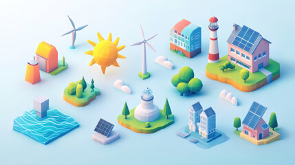 Wind turbines and solar energy, models, icon sets