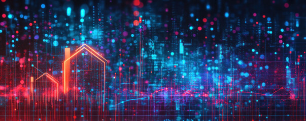 Poster - A colorful background with a house in the middle. The house is red and orange. The background is blue and purple