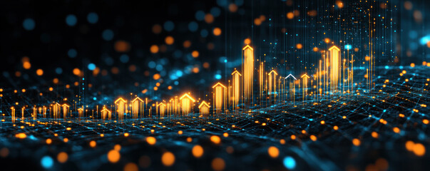 Poster - A computer generated image of a city with many buildings and a lot of orange and blue lines. The image has a futuristic and technological feel to it
