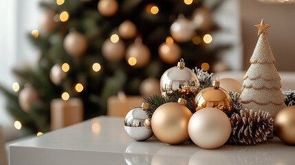 Poster - Christmas tree with decorations and snowflake on gold bokeh background. : Generative AI