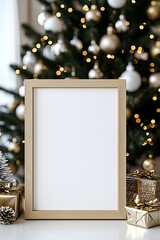 Poster - wooden frame mockup of blank framed table sign on a table : Generative AI