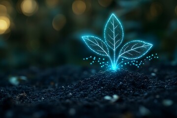 Poster - A digital tree sprout growing on black soil with a digital light effect background.  : Generative AI