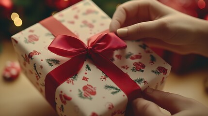 hands wrapping a gift with red ribbon and festive wrapping paper.  : Generative AI