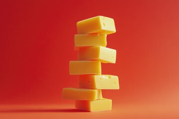 Wall Mural - Stack of Six Yellow Cheese Cubes on Orange Background