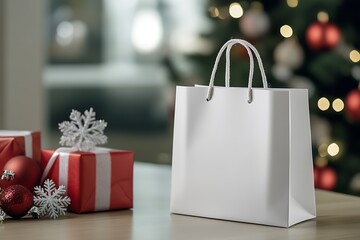 Poster - Mockup empty, front view of white shopping bag, christmas background : Generative AI
