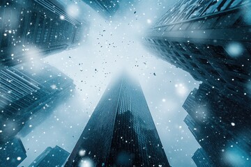 Sticker - Snow Falling on Tall City Buildings