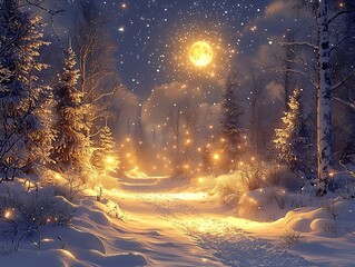 Poster - moonlit snowy forest, enchanted winter woods, magical forest night : Generative AI