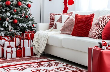 Aufkleber - A red and white Christmas-themed room with gifts under the tree : Generative AI