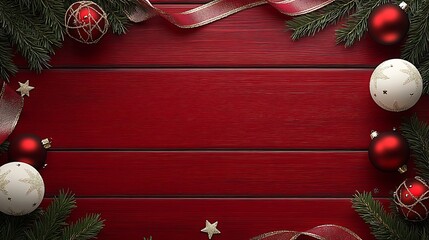 Poster - Christmas background with ribbons, baubles, and pine branches on a red wooden surface.  : Generative AI