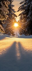 Poster - The sun shines through the trees, casting long shadows on the snow-covered : Generative AI