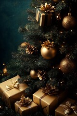 Christmas tree with golden gifts on a dark green background : Generative AI