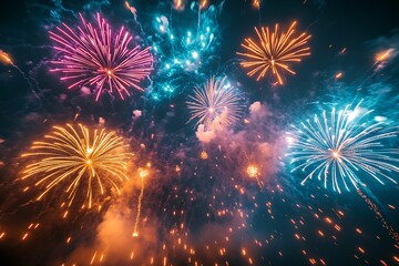 Fireworks display on a dark blue sky background : Generative AI