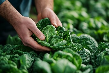 Sticker - Close-up of a man's hands, a farmer tending to a green vegetable garden : Generative AI