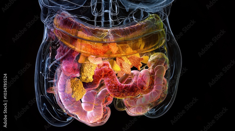 A 3D holoscan of a human digestive system breaking down food, with ...