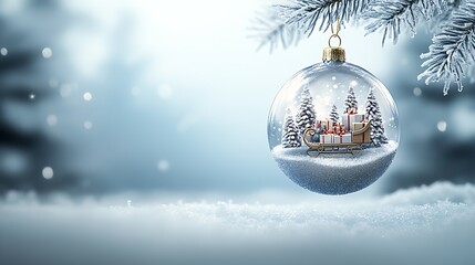 Poster - Stock photo of a glass ornament with a miniature sleigh and presents inside : Generative AI