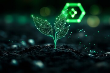 Poster - Photograph of a digital plant sprouting from black soil, with a green glowing data network and a futuristic symbol in the background. A green energy concept for sustainable environment : Generative AI