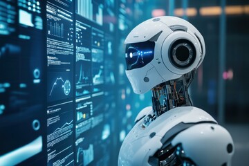 Fototapete - Robot Looking at Data