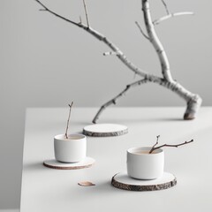 Two White Cups Resting on Wooden Coasters with a Branch in the Background