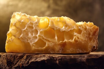 Wall Mural - Close-up of a Creamy Yellow Wedge of Cheese with Holes on a Rough Brown Surface