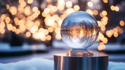 Poster - A crystal ball sits on a pedestal, beautifully reflecting a frosty landscape and surrounded by enchanting, warm bokeh lights that create a magical atmosphere during the twilight hours of winter.