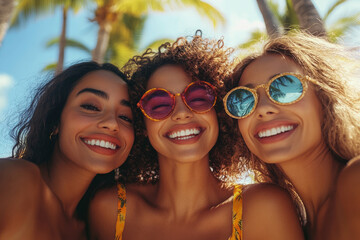 Wall Mural - Several women playing selfies at the beach