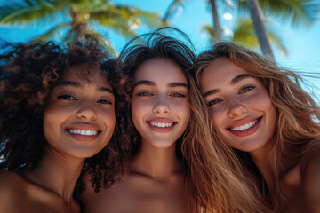 Wall Mural - Several women playing selfies at the beach