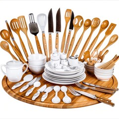 A Collection of Wooden and White Kitchen Utensils and Dishes on a Wooden Tray