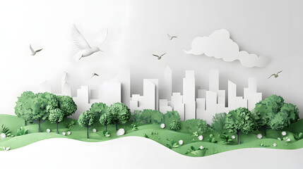 Wall Mural - The person who knows. Tree, Achieve sustainable growth, World Environment Day. White eco urban city and nature landscape background paper art style.