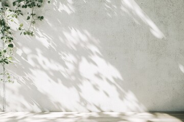 Poster - Minimalist Concrete Wall with Plant Shadows and Wooden Base - Modern Eco-Friendly Design