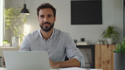 Wall Mural - A Smiling Man in a Light Gray Shirt Sitting at a Desk with a Laptop