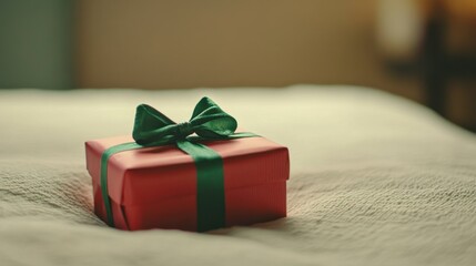 Wall Mural - Red Gift Box with Green Bow on Soft Surface