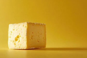 Poster - A block of yellow cheese with holes on a yellow background.