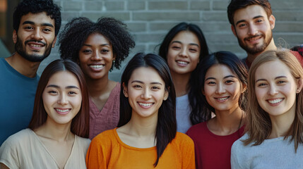 diverse group of young adults smiling together, showcasing friendship and unity. Their expressions reflect joy and connection in vibrant setting