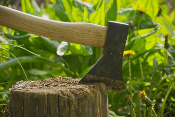 Close up of an axe blade embedded into the wood