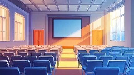 Poster - Empty Auditorium with Blue Seats and a Large Screen