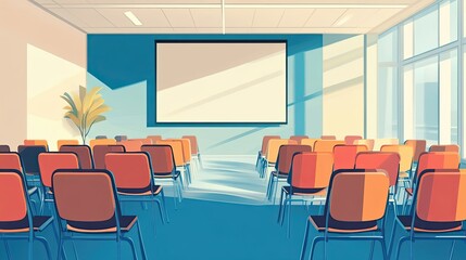 Poster - An empty conference room with a projector screen and rows of chairs
