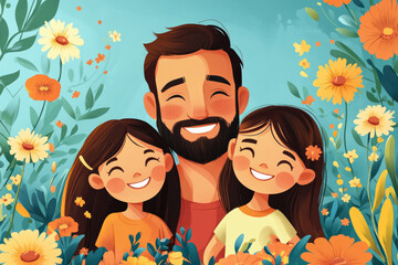 Wall Mural - A happy family embracing in the wilderness, illustrated