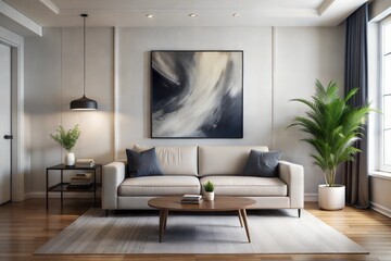 Wall Mural - Modern living room with large painting and minimal decor