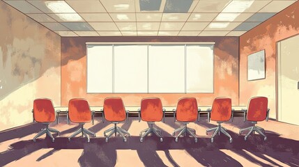 Poster - Empty Conference Room with Red Chairs and Large Window