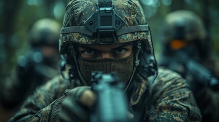 Aufkleber - A group of soldiers dressed in camouflage gear is engaged in tactical training, emphasizing teamwork and precision in a forested environment under natural light.