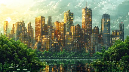 Poster - pixel art depicting green investment concepts showcasing money being invested in sustainable projects with focus on eco friendly and renewable energy themes.image