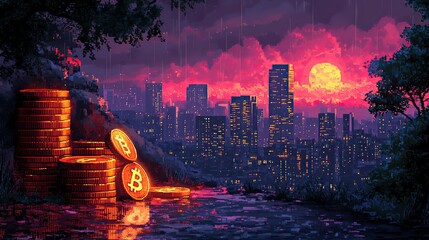 Poster - pixel art styledepicting cryptocurrency investment with focus on earning money bright colors and retro design emphasize the digital finance theme