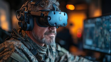 Aufkleber - A soldier immersed in virtual reality training, wearing a headset and headphones, focuses intently on the simulation displayed on a screen, showcasing advanced military technologies.