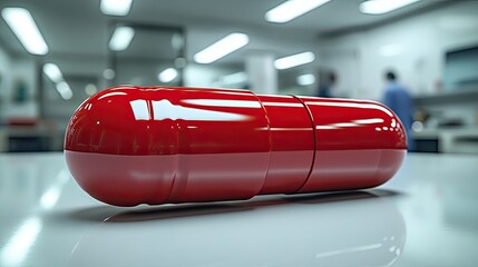 Poster - red capsule on white surface in doctors room symbolizing treatment medicine and illness care the image captures the essence of healthcare and pharmaceutical intervention.image