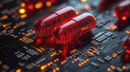 Fototapete - red capsules on digital circuit board symbolizing advanced medication and biotechnology.image