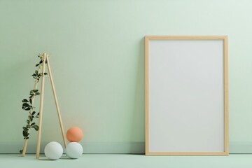 Poster - Minimalist Mockup with Pastel Green Wall and Wooden Frame in Fresh Grocery Store Setting