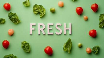 Poster - Minimalist Tomato Letter Art with Vibrant Green Leaves on Pastel Background