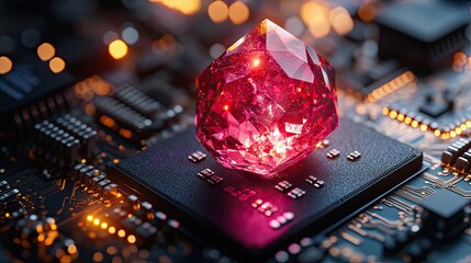 ruby on rails programming language concept featuring ruby stone on microchip symbolizing the fusion of technology and elegance in web development.image